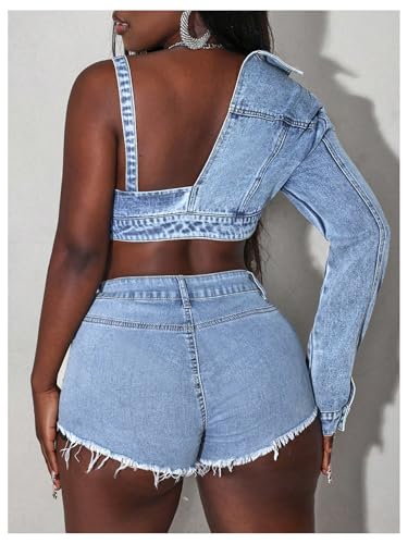 MakeMeChic Women's Denim Jacket Button Front Long Sleeve Cut Out Asymmetrical Crop Top Vinatge Jean Coat2