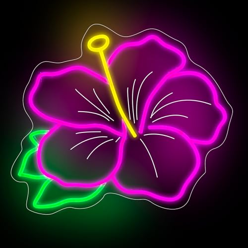 Image of Hibiscus Neon Sign Hibiscus Flower Neon Light Hawaii Floral Neon Light Tropical Flower Sign Home Wall Art Decoration, 15 inchx12 inch, Pink