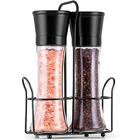 Zulay Large Salt and Pepper Grinder - Stainless Steel Salt and Pepper Grinders Refillable with Adjustable Coarseness Options - Tall Salt and Pepper Grinder Set with Lid Cap & Portable Holder (Black) Cover