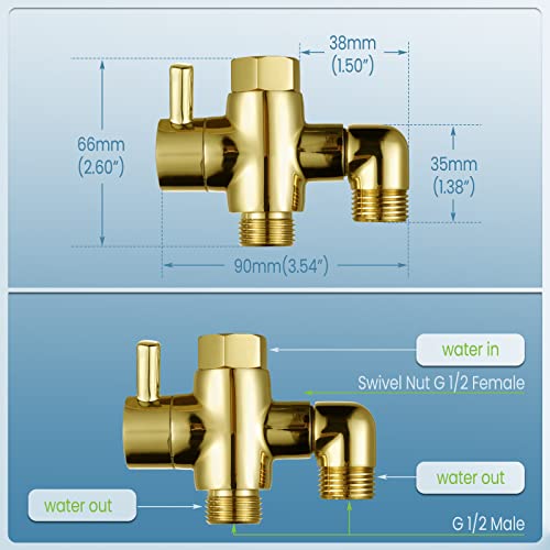 Brass Shower Diverter Valve For Handheld Shower Head And Fixed Spray Head G1/2 3 Way Universal Bathroom System Component Replacement Part, Polished Gold #TOP4