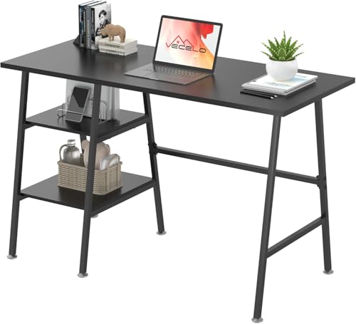 VECELO 43 Inch Computer Desk Writing Study Work Office Table Modern Desk with Shelves Wooden Desk for Home Bedroom,Black Desk