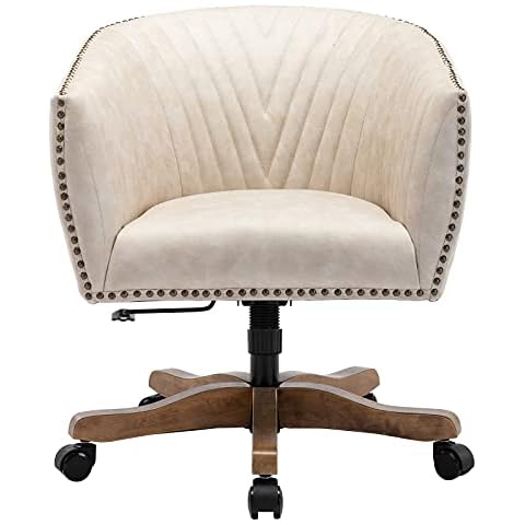 Guyou Retro Barrel Swivel Home Office Desk Chair for Heavy Duty, Upholstered Ergonomic Accent Arm Chair with Luxurious Nailheads and Pleated Mid-Back, Beige in Faux Leather Cover