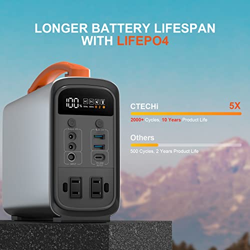 CTECHi Portable Power Station 320Wh, LifePO4 Battery for Camping, Solar Powered Generators for Home Use, 240W Emergency Battery Backup Power Supply for Outdoor Travel, Camping and CPAP