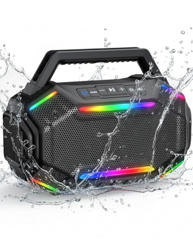 Qozybuds Bluetooth 6.0 Speaker, 80W(Peak) Loud Speaker with Bass, 30H Working Time, IPX6 Waterproof Large Jobsite Speakers with TWS, RGB Lights for Work, Outdoor, Workshop, Garage (Black)