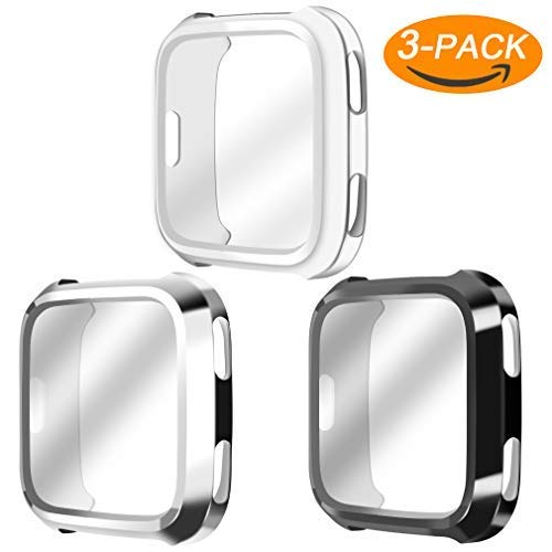 Falandi 3 Packs Screen Protector Case Compatible for Fitbit Versa, Ultra Slim Soft Full Cover Case for Fitbit Versa Face Cover Silver Black Clear (Classical 3-Pack)