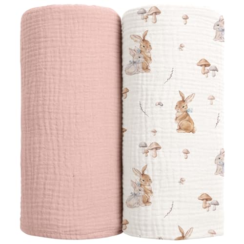 Image of lulumoon Muslin Swaddle Blankets for Baby: Cotton & Soft Receiving Blanket for Newborn with Branche Printed- Neutral Gift for Baby Shower 2pack(Bunny)