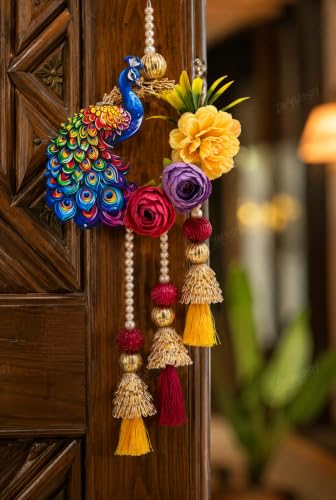 Image of Divyakosh Peacock Side Door Hanging Set of 2 for Home Entrance Decoration, Handmade Decorative Floral Door Hanging with Artificial Flowers, Pearl Bead & Tassels, Main Door Wall Decor for Diwali, Pooja