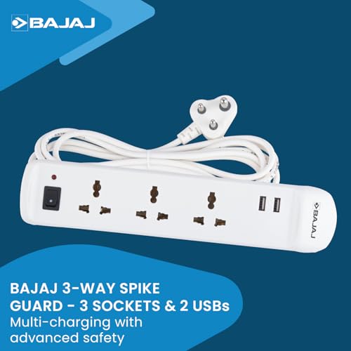 Image of Bajaj 3 Way Spike and Surge Guard with 2 USB | 3 Meter Long Cable | 3-Pin Universal Sockets | Fire Retardant Cable | 6 Months - Warranty (Pack of 1, White)