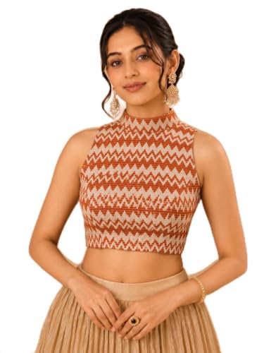 Image of Vamas Women's Net Saree Blouse | Padded Sleeveless Back Open Designer Blouse | ReadymadeEthnic Blouse with Tie-Up Back for Women