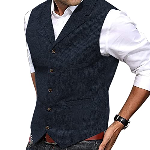 Men's with Pockets Suit Vests Formal Casual Waistcoat for Dress Suit Wedding Party Business Suit Vests,XS-3XL (Color : Navy, Size : Medium)