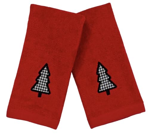 Christmas Red Guest Fingertip Bathroom Towels, Check Gingham Tree, 12x18"