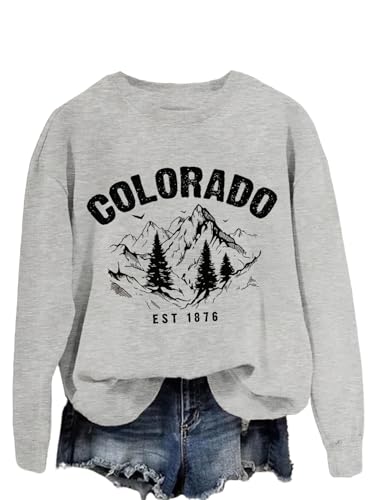 XEXOAQ Colorado Sweatshirts Women Mountain Retro Graphic Crewneck Pullover Casual Long Sleeve Shirts Winter Fall Tops Grey