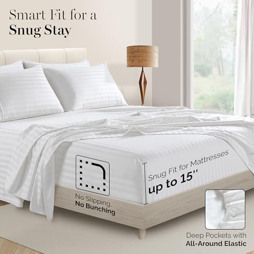 Casa Platino 100% Egyptian Cotton Sheets Queen Size Set - 6 Pieces - Damask Stripe- Ultra Smooth Sateen Weave Bed Sheets, 15" Deep Pockets - Pure White Sheet Set
