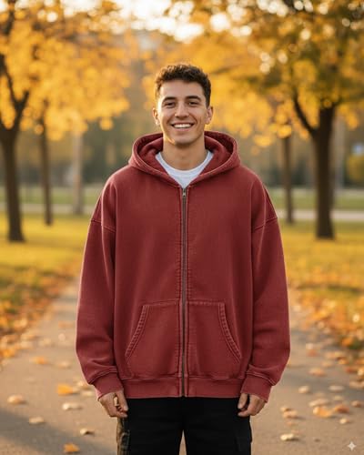 Mens Oversized Double Zip Up Hoodie Acid Wash Heavyweight Cotton Fleece Lined Vintage Hoodie for Women3