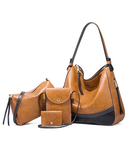 Image of myfriday 4 pcs Large Faux Leather Hobo Bag Set, Crossbody Card Purse Women | Oversized tote, crossbody, phone pouch and card purse keep daily essentials coordinated for travel and boho styling