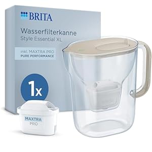 BRITA Wasserfilter Kanne Style Essential XL sand (3, 6L) inkl. 1x MAXTRA PRO Pure Performance - große Filterkanne mit Smart Light LED & Klapp-Deckel, filtert Verunreinigungen & mehr