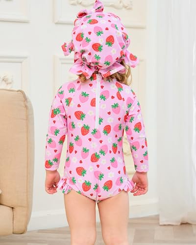 Image of SODLON Baby Girl Swimsuit Long Sleeve One-Piece Infant Bathing Suit 3M-3T | Girls Swim Suit with Hat & Zipper & Headband, Rash Guard Ruffle Swimwear, Toddler UPF 50+ Swimsuits, Baby Beach Essentials
