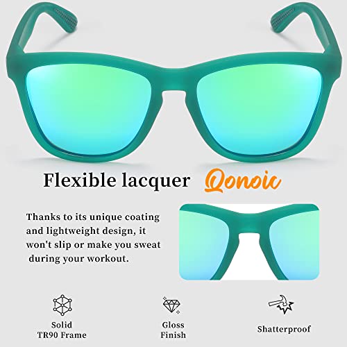 Qonoic Polarized Sunglasses For Women Men Trendy Classic Retro Designer Style, Colorful 80S Mirror Lens - Fit For Running Beach Volleyball Vacation (Green - Green Lenses(Mirror)) #TOP2