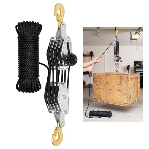 Seilzug-Flaschenzugsystem,Flaschenzug mit Seilbremse Hubkraftverhältnis 8:1 Arbeitssparender Flaschenzug mit Haken 65 Fuß umlenkrolle mit seil für Industrielle Baustellen