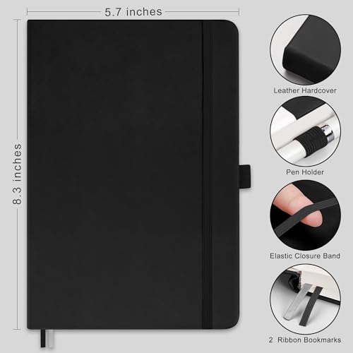 Image of RETTACY Lined Journal Notebook, 192 Numbered Pages, A5 Size (5.7'' x 8.3'') | Leather Hardcover, 100 GSM Thick Paper, for Men & Women, Journaling, Writing, Work & Office (Black)