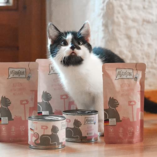 MjAMjAM - Premium Nassfutter für Katzen - Kittenbox - 3x Huhn mit Lachsöl & 3x Kalb mit Lachsöl, Futterbeutel, Kugelschreiber, Dosendeckel, 6er Pack (6 x 200 g)