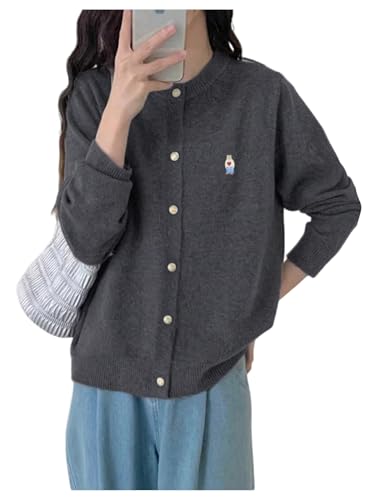Women's Embroidery Button Down Crewneck Cardigan Long Sleeve Knit Cardigan Sweater Trendy