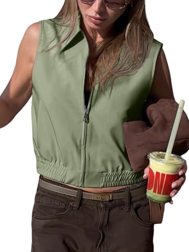 Tankaneo Womens Cropped Cargo Vest Tops Summer Trendy Sleeveless Zip Up Jacket Y2k Going Out Elastic Hem Outerwear
