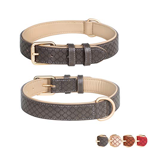 Poohoo Leather Dog Collar Soft & Breathable Padded | Brass Hardware Rust-Proof | Heavy Duty | Lovely Bone Pattern | Classic Pet Collar for Medium Large X-Large Dogs (Large, Grey)