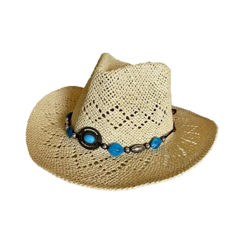 Image of Western Straw Cowboy Hats Cowgirl Hat for Holiday Woven Beach Sun Hat with Shapeable Wide Brim Cowboy Hat for Women's /Men's
