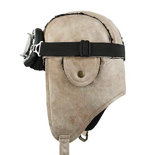 ililily Aviator Hat Winter Snowboard Fur Ear Flaps Trooper Trapper Pilot Goggles, Beige, Silver Goggle