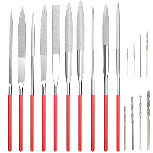 MSIHEY Mini Limes a Aiguilles Diamantée Métal pour Bijoutiers Verre Sculpture Sur Bois Modelisme Bijoutier, Contient 10 Limes Diamantées et 8 Foret Diamanté