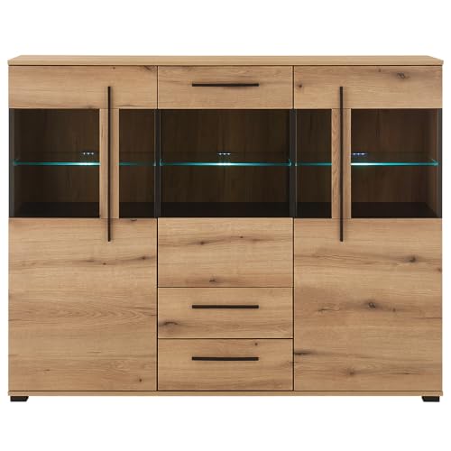 Lomadox Wohnzimmer-Highboard 160 cm breit Vitrinenschrank Wohnzimmerschrank in Eiche mit LED Beleuchtung