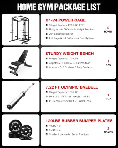 Image of C1-V4 Power Cage, 2000LBS Squat Rack with LAT Pulldown, Multi-Function Weight Cage Strength Training Machine, Workout Cage with More Attachments for Home Gym Garage