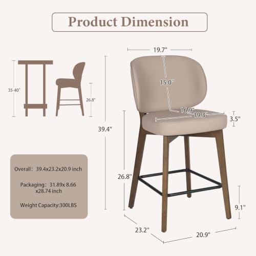 Image of YOUNUOKE Bar Stools Set of 2, 26 inch Counter Height Bar Stools, Khaki