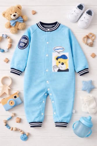 Image of Bold N Elegant Cute Bear Panda Cartoon Print Newborn Cotton Full Sleeve Footless Baby Romper Onesie Buttoned Bodysuit for Newborn Infant Baby Boys Girls
