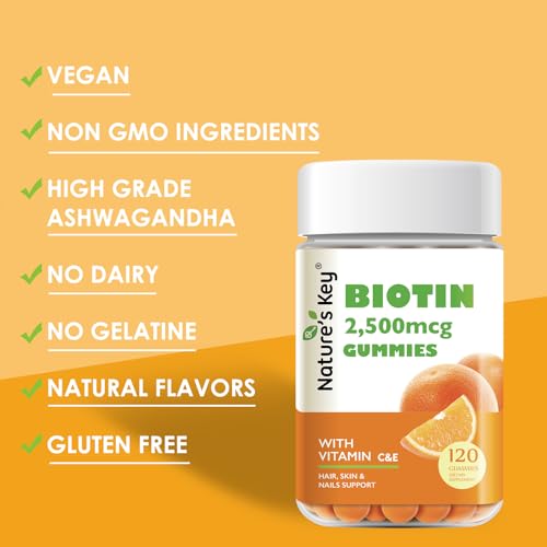 Nature's Key Biotin Gummies with Vitamin C and E, Support Hair Nails Growth & Beautiful Skin for Women Men and Kids, Vegan, Orange Flavors, 120 Count — view 6