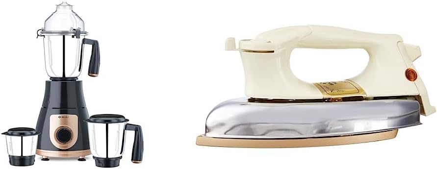 Bajaj Acrylonitrile Butadiene Styrene Gx-3701 750W Mixer Grinder With Nutri-Pro Feature, 3 Jars, Black & Dhx-9 1000W Weight Dry Iron Anti-Bacterial German Coating Technology, Ivory, 750 Watts
