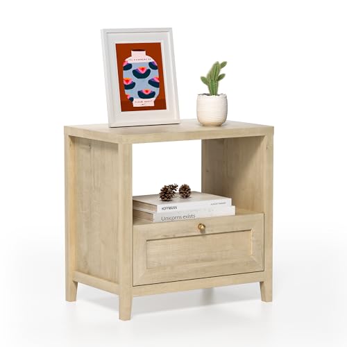 Image of EYYTHUNG Farmhouse Nightstands Set of 2 with Drawer Modern 24 inch Wide End Table Night Stand Large Wooden Bedside Table with Open Shelf Mid Century Night Stands for Sofa, Light Oak