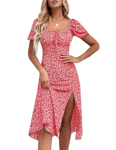 Image of SPRIME Women's Floral Summer Casual Dress Square Neck Puff Sleeve Boho Midi Dresses Ruched Bust High Waist Split Long Dress