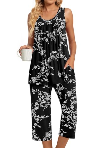 Image of TAOHUADAO Womens Summer 2 Piece Pajama Sets, Sleeveless Tops with Capri Pants, Lounge Ladies Pjs Sets with Pockets