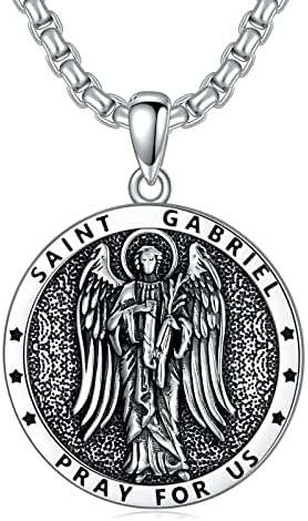 St Gabriel Necklace for Men 925 Sterling Silver Round Saint Archangel Gabriel Medal Pendant Guardian Angel Christian Amulet Jewelry St Gabriel Patron Medallion Catholic Protection Gift for Women Father Son
