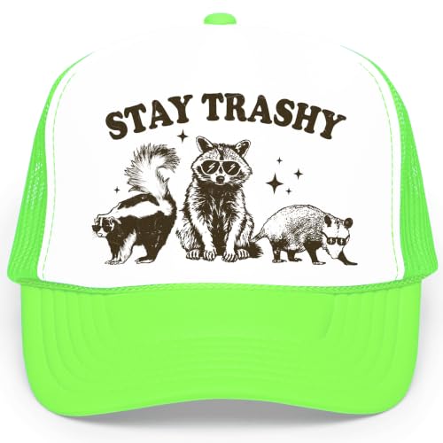 Image of Stay Trashy Funny Raccoon Graphic Classic 5 Panel Mesh Snap Back Trucker Hat