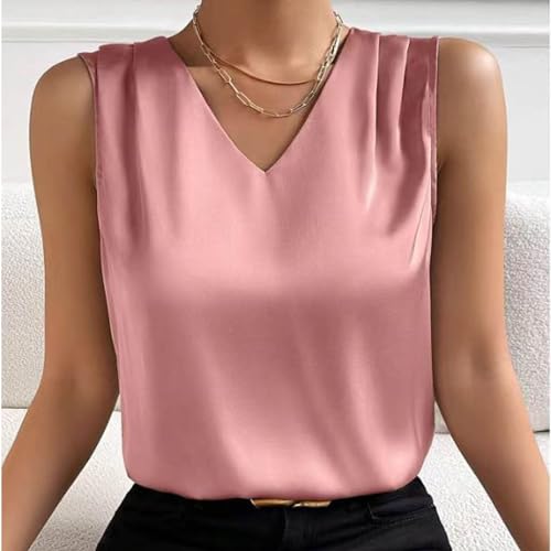 Women Summer V Neck Casual Soild Color Satin Sleeveless Basic Vest Shirt Fashionable Sleeveless Top Metallic Top3