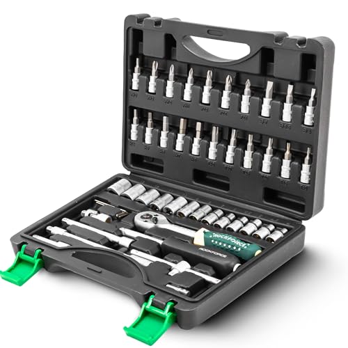 Rockforce Steckschlüsselsatz 46-tlg 1/4 zoll – Nuss Set 4–14 mm mit Bits, Ratsche, Verlängerungen & Kardangelenk – Werkzeugkoffer Set für Auto, Fahrrad, Haushalt & Werkstatt