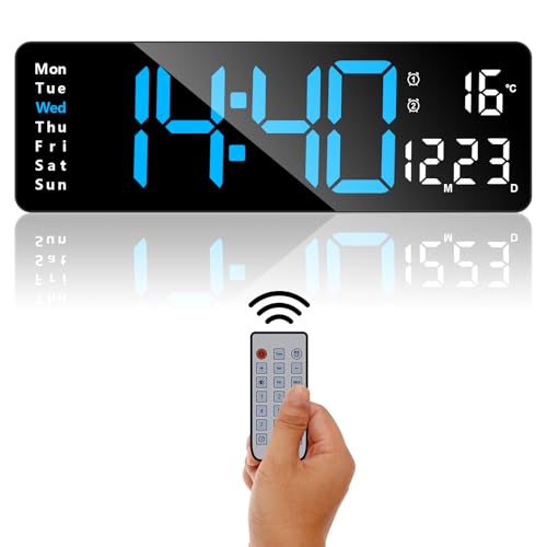 ALEENFOON Reloj de Pared Digital, Reloj Digital Grande de 13' con Control Remoto, Reloj Despertador Digital con 2 alarmas/Temperatura/Fecha/Hora/Brillo Ajustable/Cuenta Regresiva (Azul)