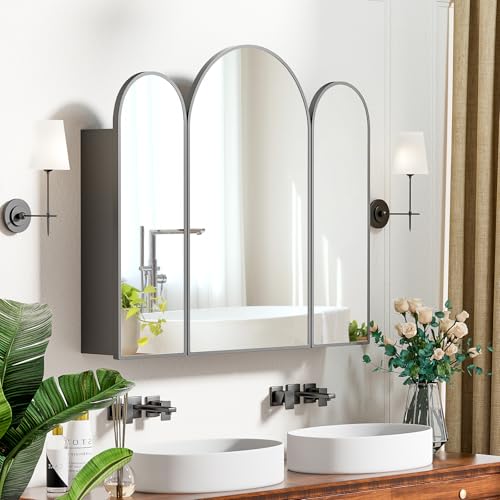 Triple Arched Black Medicine Cabinet, 3 Doors, 31X28Inch Surface Mount Bathroom Cabinet with Trifold...