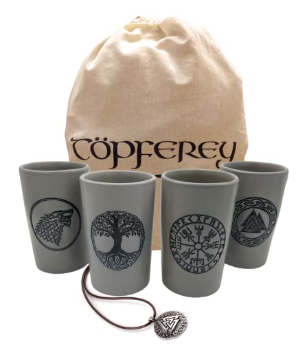 Töpferey Becher Set Wikinger - Tonbecher mit Gravur, Mittelalter Kaffeebecher, Ceramic Mug Set Viking, Grau, 5-teiliges Set