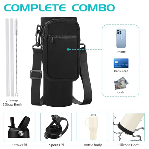Image of Water Bottle 40oz with Handle Insulated,LeakProof Stainless Steel Tumbler with Lid and Straw, Thermal Cups w /Carrier Pouch with Strap & Protective Boot, Thermo Coffee Flask Fit in Cup Holder