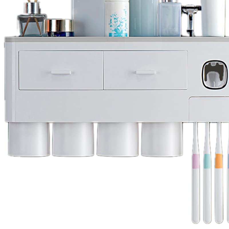 lyrlody Portaspazzolino da Parete Portaspazzolino Magnetico in Plastica con Dispenser per Dentifricio 4 Tazze Capovolte Cassetto Portaoggetti per Bancone del Bagno Uso a Parete da Parte della