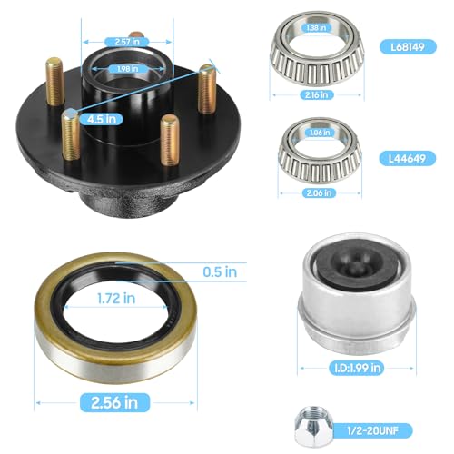 Image of Trailer Idler Hub Kit, 5 lug, 4.5 inch Bolt Idler Hub for 3500lb Trailer, Boat Trailer Hubs 5 Lug,Suit 1-1 /16 inch to 1-3 /8 inch Spindle , Trailer Wheel Hub Assembly (Set-2, Only Fit for Tapered Spindle)